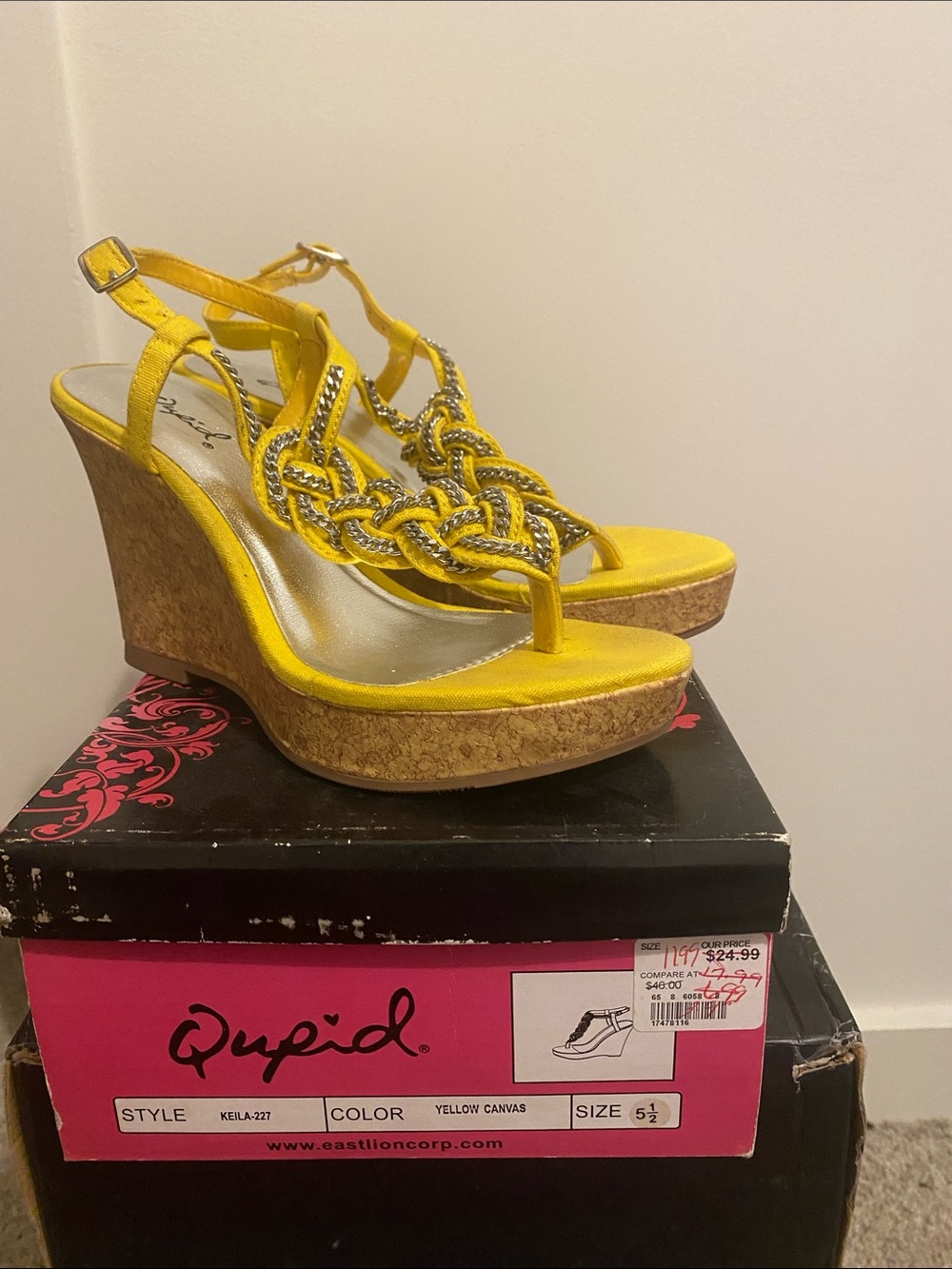Qupid Bright Yellow Braided Rhinestone Wedge Sandals